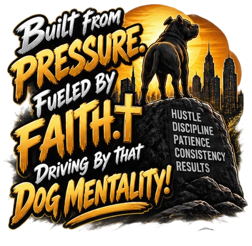 Built From Pressure Dog Mentality hoodie back graphic - dog on rock with city skyline, Hustle Discipline Patience Consistency Results